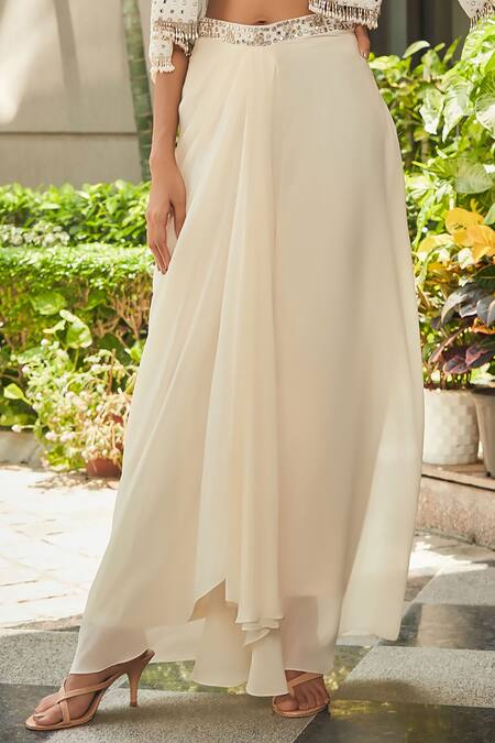 Bohame_Off White Georgette Mirrors, Embroidery Sweetheart Neck Cape Skirt Set _Online_at_Aza_Fashions