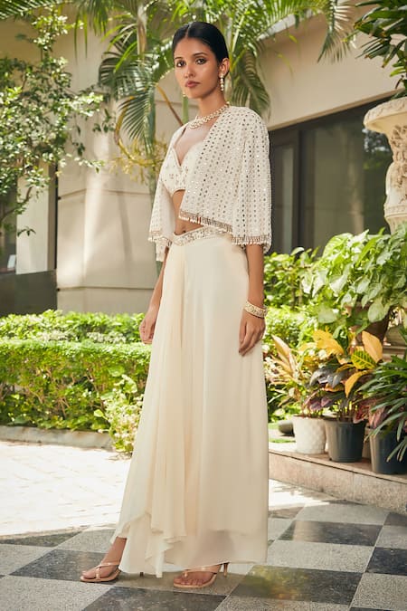 Bohame_Off White Georgette Mirrors, Embroidery Sweetheart Neck Cape Skirt Set _at_Aza_Fashions