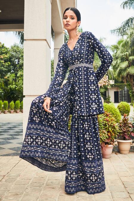 Bohame Blue Georgette Embroidery V-neck Nyra Tunic And Sharara Set Online at Aza Fashions Bohame_Blue Georgette Embroidery V-neck Nyra Tunic And Sharara Set _Online_at_Aza_Fashions