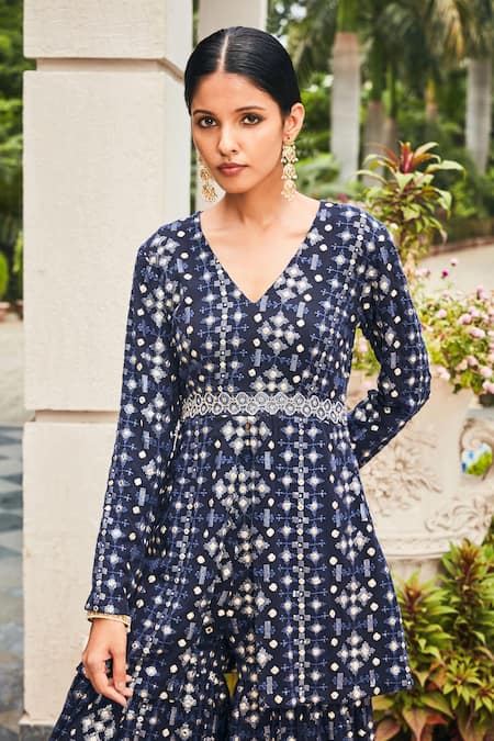 Buy Bohame Blue Georgette Embroidery V-neck Nyra Tunic And Sharara Set Online at Aza Fashions Buy_Bohame_Blue Georgette Embroidery V-neck Nyra Tunic And Sharara Set _Online_at_Aza_Fashions