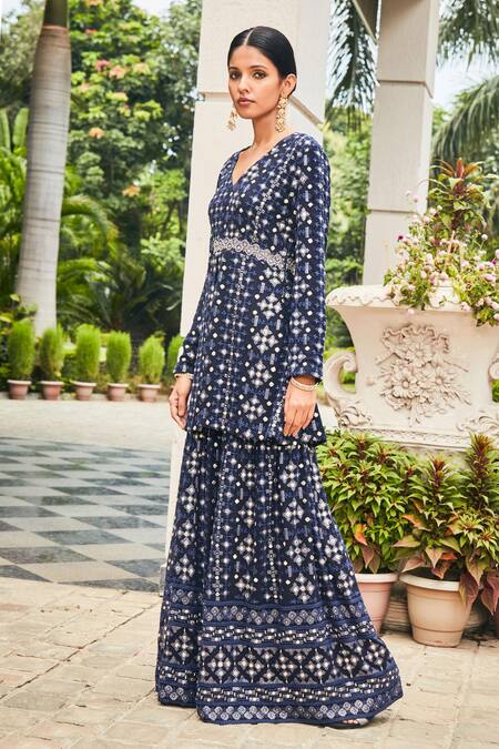 Shop Bohame Blue Georgette Embroidery V-neck Nyra Tunic And Sharara Set Online at Aza Fashions Shop_Bohame_Blue Georgette Embroidery V-neck Nyra Tunic And Sharara Set _Online_at_Aza_Fashions