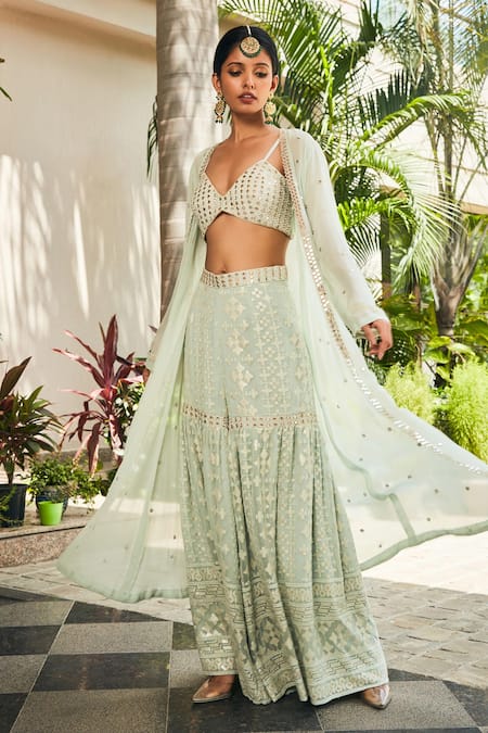 Bohame_Green Georgette Mirrors, Embroidery V-neck Chikankari Cape Sharara Set _Online_at_Aza_Fashions