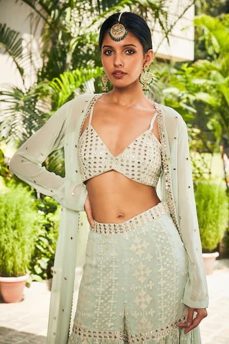 Shop_Bohame_Green Georgette Mirrors, Embroidery V-neck Chikankari Cape Sharara Set _Online_at_Aza_Fashions