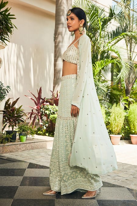 Bohame_Green Georgette Mirrors, Embroidery V-neck Chikankari Cape Sharara Set _at_Aza_Fashions