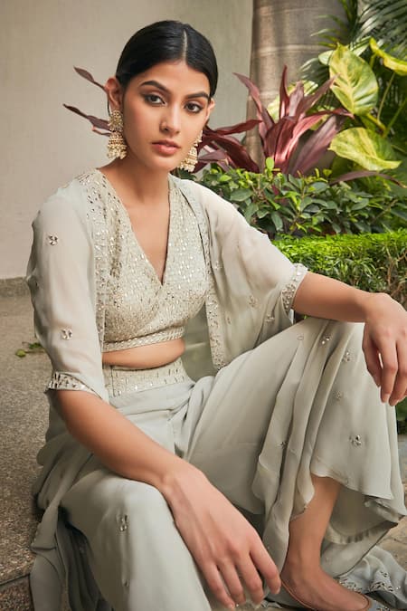 Buy Bohame Gray Georgette Embroidery, Mirrors V-neck Chikankari Cape Pant Set Online at Aza Fashions Buy_Bohame_Gray Georgette Embroidery, Mirrors V-neck Chikankari Cape Pant Set _Online_at_Aza_Fashions