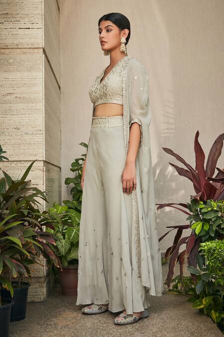 Shop Bohame Gray Georgette Embroidery, Mirrors V-neck Chikankari Cape Pant Set Online at Aza Fashions Shop_Bohame_Gray Georgette Embroidery, Mirrors V-neck Chikankari Cape Pant Set _Online_at_Aza_Fashions