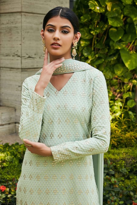 Bohame Green Georgette Embroidery, Mirrors V-neck Rohana Kurta Pant Set Online at Aza Fashions Bohame_Green Georgette Embroidery, Mirrors V-neck Rohana Kurta Pant Set _Online_at_Aza_Fashions