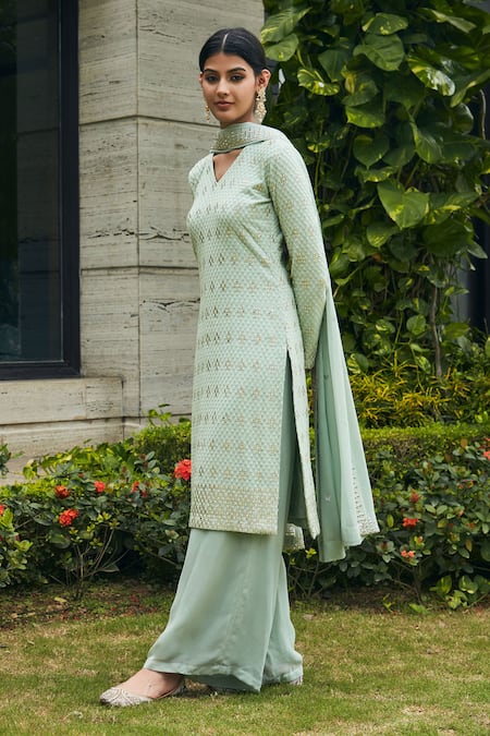 Buy Bohame Green Georgette Embroidery, Mirrors V-neck Rohana Kurta Pant Set Online at Aza Fashions Buy_Bohame_Green Georgette Embroidery, Mirrors V-neck Rohana Kurta Pant Set _Online_at_Aza_Fashions