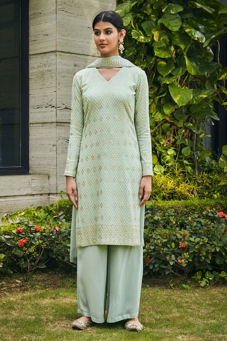 Shop Bohame Green Georgette Embroidery, Mirrors V-neck Rohana Kurta Pant Set Online at Aza Fashions Shop_Bohame_Green Georgette Embroidery, Mirrors V-neck Rohana Kurta Pant Set _Online_at_Aza_Fashions