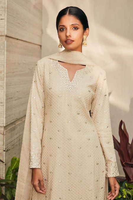 Bohame Beige Georgette Mirrors, Embroidery Split V-neck Avisa Kurta Salwar Set Online at Aza Fashions Bohame_Beige Georgette Mirrors, Embroidery Split V-neck Avisa Kurta Salwar Set _Online_at_Aza_Fashions