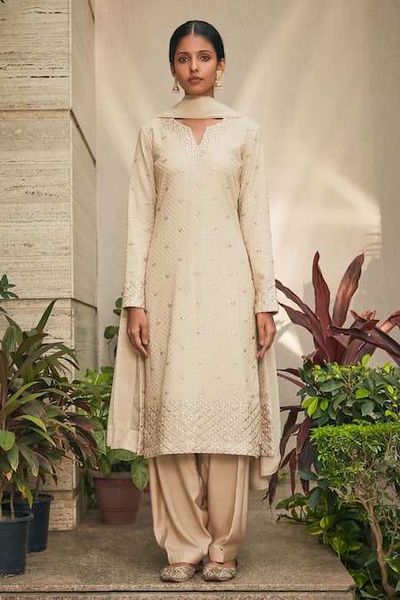 Buy Bohame Beige Georgette Mirrors, Embroidery Split V-neck Avisa Kurta Salwar Set Online at Aza Fashions Buy_Bohame_Beige Georgette Mirrors, Embroidery Split V-neck Avisa Kurta Salwar Set _Online_at_Aza_Fashions