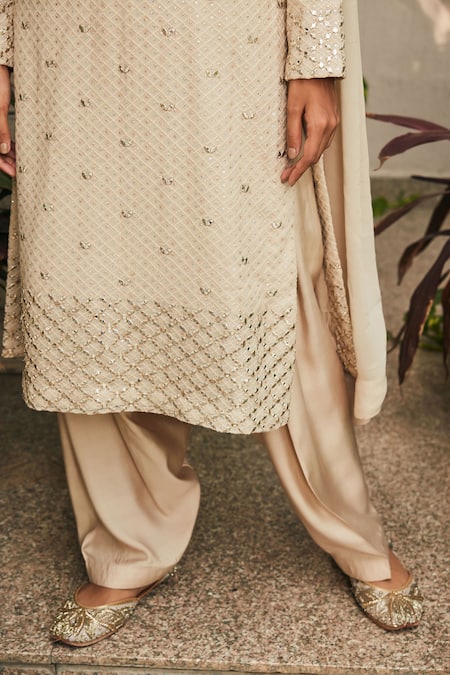 Shop Bohame Beige Georgette Mirrors, Embroidery Split V-neck Avisa Kurta Salwar Set Online at Aza Fashions Shop_Bohame_Beige Georgette Mirrors, Embroidery Split V-neck Avisa Kurta Salwar Set _Online_at_Aza_Fashions
