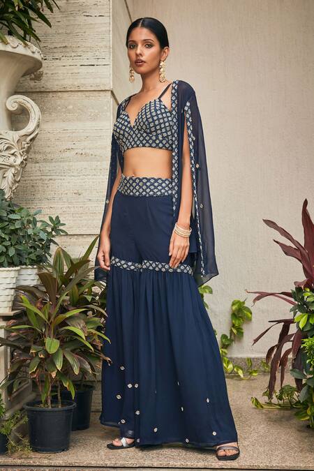 Buy_Bohame_Navy Georgette Embroidery, Mirrors Sweetheart Neck Chikankari Sharara Set _Online_at_Aza_Fashions