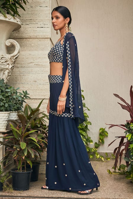 Shop_Bohame_Navy Georgette Embroidery, Mirrors Sweetheart Neck Chikankari Sharara Set _Online_at_Aza_Fashions