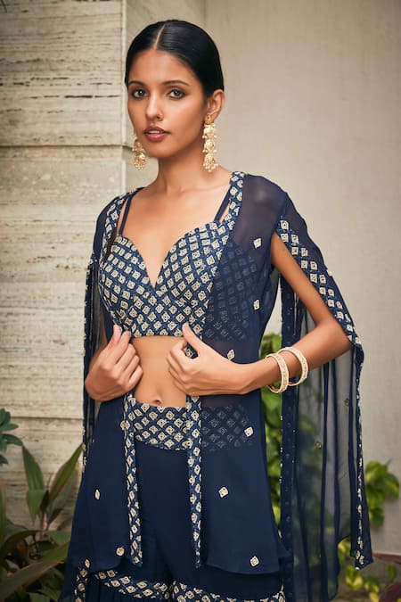 Bohame_Navy Georgette Embroidery, Mirrors Sweetheart Neck Chikankari Sharara Set _at_Aza_Fashions