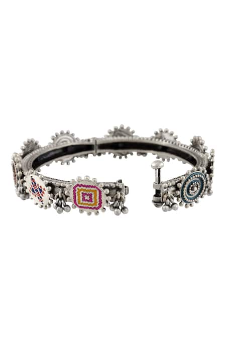 Shop Tribe Amrapali Multi Color Embroidery Rangoli Ghungroo Bangle at Aza Fashions Shop_Tribe Amrapali_Multi Color Embroidery Rangoli Ghungroo Bangle _at_Aza_Fashions