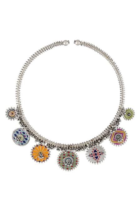 Shop Tribe Amrapali Multi Color Enamel Ghungroo Drop Hasli at Aza Fashions Shop_Tribe Amrapali_Multi Color Enamel Ghungroo Drop Hasli _at_Aza_Fashions