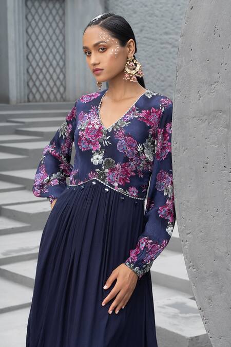 Buy_Chhavvi Aggarwal_Blue Cotton, Crepe, Linen, Lurex Zari Floral Print Bodice Anarkali With Pant _Online_at_Aza_Fashions