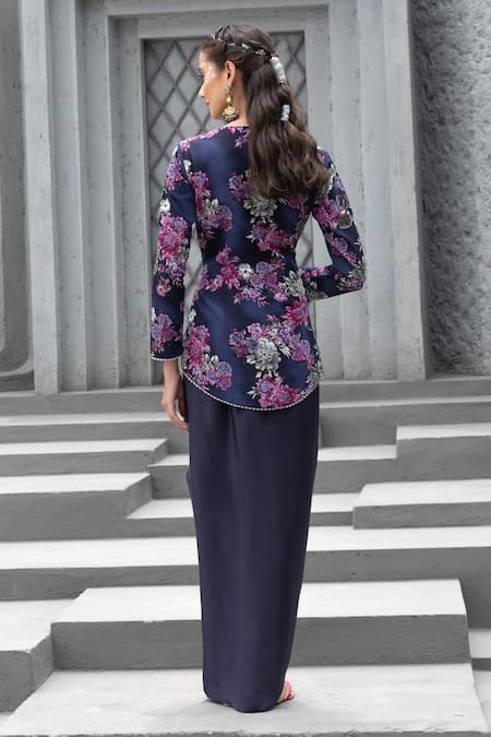 Shop Chhavvi Aggarwal Blue Crepe, Bamboo, Linen Sequins V-neck Floral Print Jacket With Skirt at Aza Fashions Shop_Chhavvi Aggarwal_Blue Crepe, Bamboo, Linen Sequins V-neck Floral Print Jacket With Skirt _at_Aza_Fashions