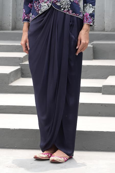 Chhavvi Aggarwal Blue Crepe, Bamboo, Linen Sequins V-neck Floral Print Jacket With Skirt Online at Aza Fashions Chhavvi Aggarwal_Blue Crepe, Bamboo, Linen Sequins V-neck Floral Print Jacket With Skirt _Online_at_Aza_Fashions