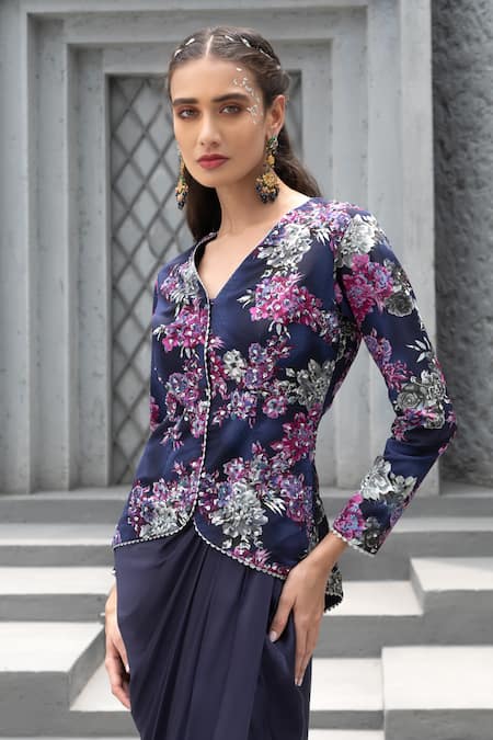 Buy Chhavvi Aggarwal Blue Crepe, Bamboo, Linen Sequins V-neck Floral Print Jacket With Skirt Online at Aza Fashions Buy_Chhavvi Aggarwal_Blue Crepe, Bamboo, Linen Sequins V-neck Floral Print Jacket With Skirt _Online_at_Aza_Fashions