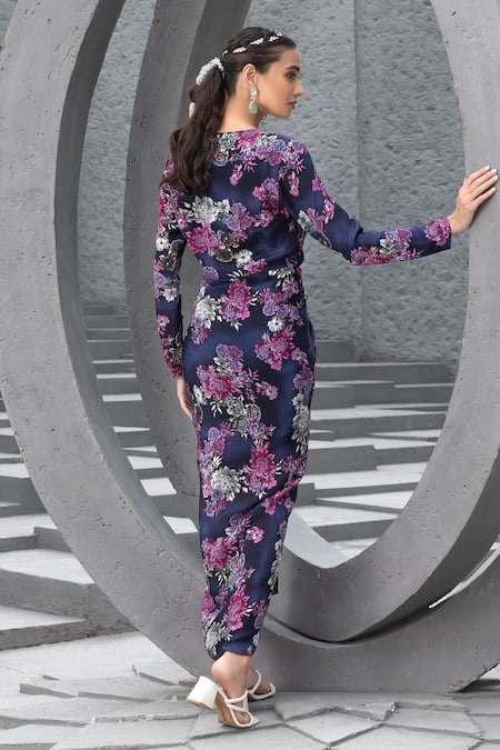 Shop Chhavvi Aggarwal Blue Crepe, Linen Sequins V-neck Flower Bloom Print Dress at Aza Fashions Shop_Chhavvi Aggarwal_Blue Crepe, Linen Sequins V-neck Flower Bloom Print Dress _at_Aza_Fashions