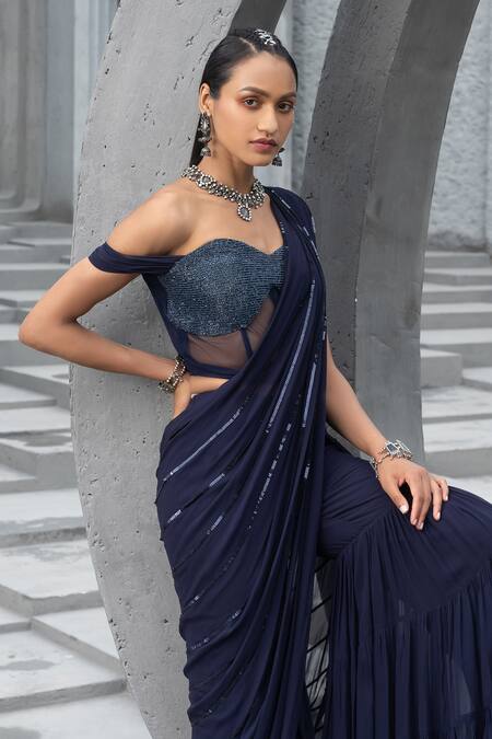 Buy_Chhavvi Aggarwal_Blue Georgette, Net Sequins, Beads Embellished Pre-draped Sharara Saree Set _Online_at_Aza_Fashions
