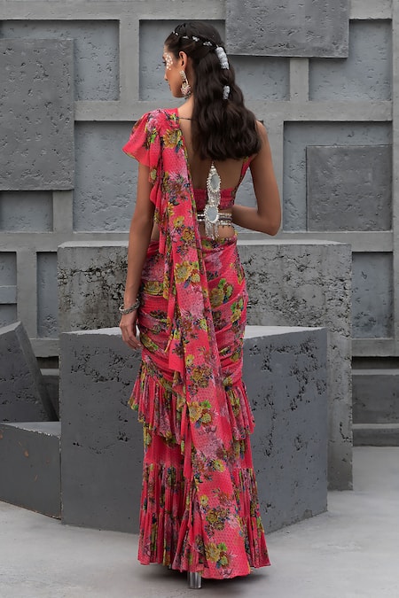 Shop Chhavvi Aggarwal Pink Georgette, Linen Sequins, Embroidery Square Floral Print Saree With Blouse at Aza Fashions Shop_Chhavvi Aggarwal_Pink Georgette, Linen Sequins, Embroidery Square Floral Print Saree With Blouse _at_Aza_Fashions