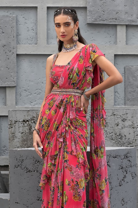 Chhavvi Aggarwal Pink Georgette, Linen Sequins, Embroidery Square Floral Print Saree With Blouse Online at Aza Fashions Chhavvi Aggarwal_Pink Georgette, Linen Sequins, Embroidery Square Floral Print Saree With Blouse _Online_at_Aza_Fashions