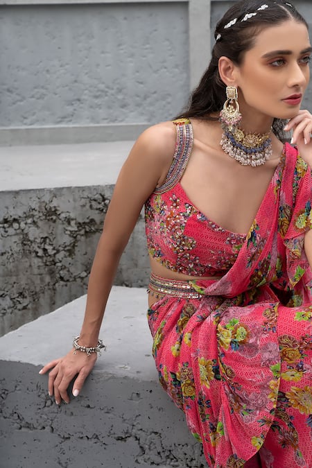 Buy Chhavvi Aggarwal Pink Georgette, Linen Sequins, Embroidery Square Floral Print Saree With Blouse Online at Aza Fashions Buy_Chhavvi Aggarwal_Pink Georgette, Linen Sequins, Embroidery Square Floral Print Saree With Blouse _Online_at_Aza_Fashions