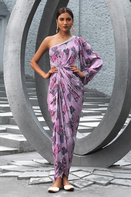 Chhavvi Aggarwal Purple Crepe Print Floral Asymmetric Neck One Shoulder Dress