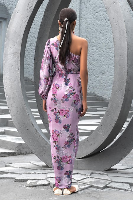 Shop Chhavvi Aggarwal Purple Crepe, Linen Sequins Asymmetric One Shoulder Floral Print Dress at Aza Fashions Shop_Chhavvi Aggarwal_Purple Crepe, Linen Sequins Asymmetric One Shoulder Floral Print Dress _at_Aza_Fashions