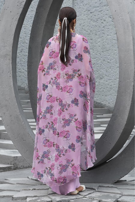 Shop Chhavvi Aggarwal Purple Georgette, Bamboo, Linen Beads, Sequins Floral Print Cape And Skirt Set at Aza Fashions Shop_Chhavvi Aggarwal_Purple Georgette, Bamboo, Linen Beads, Sequins Floral Print Cape And Skirt Set _at_Aza_Fashions