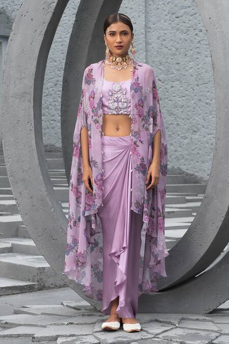 Chhavvi Aggarwal Purple Georgette, Bamboo, Linen Beads, Sequins Floral Print Cape And Skirt Set Online at Aza Fashions Chhavvi Aggarwal_Purple Georgette, Bamboo, Linen Beads, Sequins Floral Print Cape And Skirt Set _Online_at_Aza_Fashions