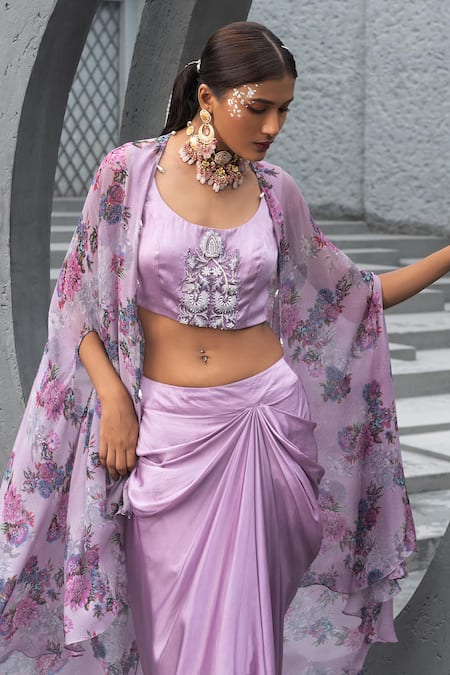 Buy Chhavvi Aggarwal Purple Georgette, Bamboo, Linen Beads, Sequins Floral Print Cape And Skirt Set Online at Aza Fashions Buy_Chhavvi Aggarwal_Purple Georgette, Bamboo, Linen Beads, Sequins Floral Print Cape And Skirt Set _Online_at_Aza_Fashions