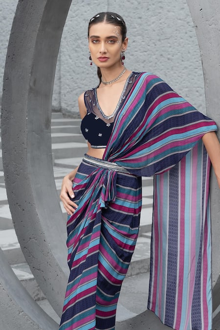 Chhavvi Aggarwal_Blue Crepe, Net Sequins, Cut Pre-draped Stripe Pattern Skirt Saree With Blouse _Online_at_Aza_Fashions