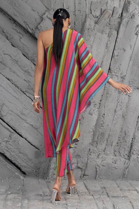 Shop Chhavvi Aggarwal Multi Color Crepe Asymmetric Stripe Print Kurta With Pant at Aza Fashions Shop_Chhavvi Aggarwal_Multi Color Crepe Asymmetric Stripe Print Kurta With Pant _at_Aza_Fashions