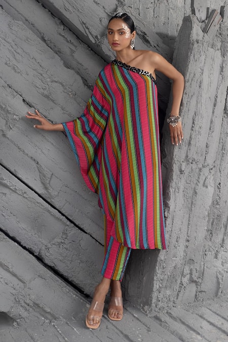 Chhavvi Aggarwal Multi Color Crepe Asymmetric Stripe Print Kurta With Pant Online at Aza Fashions Chhavvi Aggarwal_Multi Color Crepe Asymmetric Stripe Print Kurta With Pant _Online_at_Aza_Fashions