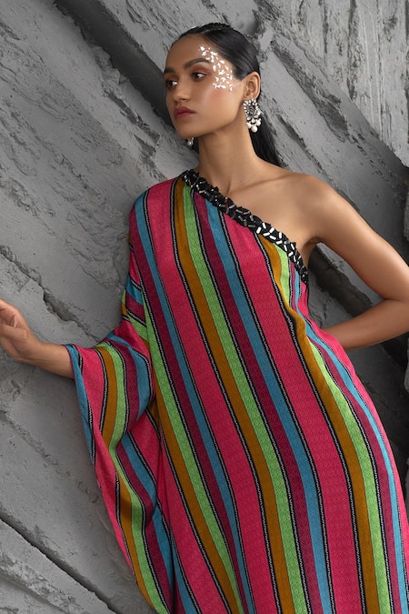 Buy Chhavvi Aggarwal Multi Color Crepe Asymmetric Stripe Print Kurta With Pant Online at Aza Fashions Buy_Chhavvi Aggarwal_Multi Color Crepe Asymmetric Stripe Print Kurta With Pant _Online_at_Aza_Fashions