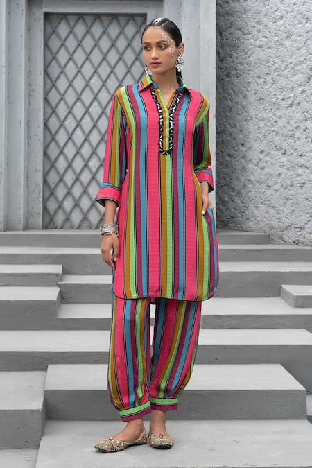 Chhavvi Aggarwal Multi Color Crepe Print Stripe Collared Neck Shirt Kurta With Salwar