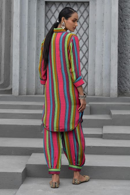 Shop Chhavvi Aggarwal Multi Color Crepe Mirrors Collared Stripe Print Shirt Kurta With Salwar at Aza Fashions Shop_Chhavvi Aggarwal_Multi Color Crepe Mirrors Collared Stripe Print Shirt Kurta With Salwar _at_Aza_Fashions