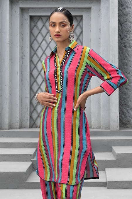 Chhavvi Aggarwal Multi Color Crepe Mirrors Collared Stripe Print Shirt Kurta With Salwar Online at Aza Fashions Chhavvi Aggarwal_Multi Color Crepe Mirrors Collared Stripe Print Shirt Kurta With Salwar _Online_at_Aza_Fashions
