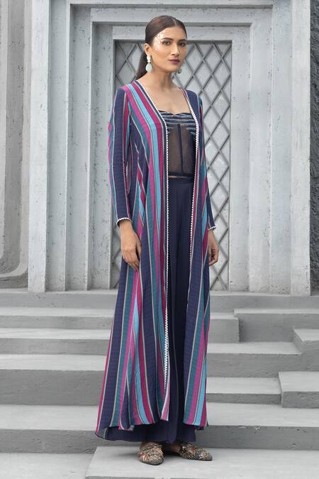Chhavvi Aggarwal Multi Color Crepe, Linen, Lurex, Net Sequins Stripe Cape And Corset Pant Set Online at Aza Fashions Chhavvi Aggarwal_Multi Color Crepe, Linen, Lurex, Net Sequins Stripe Cape And Corset Pant Set _Online_at_Aza_Fashions