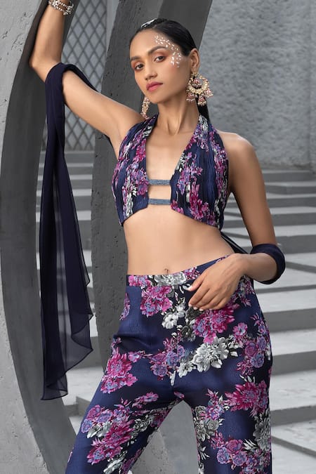 Chhavvi Aggarwal Blue Crepe, Georgette, Linen Halter Floral Print Blouse And Bell Bottom Pant Set Online at Aza Fashions Chhavvi Aggarwal_Blue Crepe, Georgette, Linen Halter Floral Print Blouse And Bell Bottom Pant Set _Online_at_Aza_Fashions