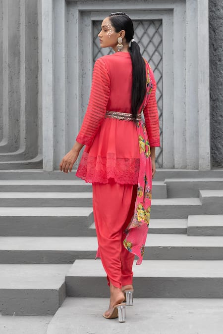 Shop Chhavvi Aggarwal Pink Modal, Crepe, Organza, Cotton Embroidery, Floral Peplum Tunic And Dhoti Set at Aza Fashions Shop_Chhavvi Aggarwal_Pink Modal, Crepe, Organza, Cotton Embroidery, Floral Peplum Tunic And Dhoti Set _at_Aza_Fashions
