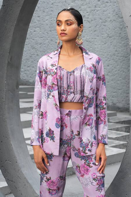 Chhavvi Aggarwal Purple Crepe, Linen Embroidery, Sequins Collared Floral Print Blazer And Pant Set Online at Aza Fashions Chhavvi Aggarwal_Purple Crepe, Linen Embroidery, Sequins Collared Floral Print Blazer And Pant Set _Online_at_Aza_Fashions