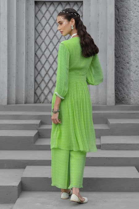 Shop Chhavvi Aggarwal Green Georgette, Linen Pearls V-neck Geometric Print Anarkali With Pant at Aza Fashions Shop_Chhavvi Aggarwal_Green Georgette, Linen Pearls V-neck Geometric Print Anarkali With Pant _at_Aza_Fashions