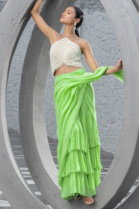 Chhavvi Aggarwal Green Georgette, Net Beads, Cut Geometric Print Pre-draped Saree With Blouse Online at Aza Fashions Chhavvi Aggarwal_Green Georgette, Net Beads, Cut Geometric Print Pre-draped Saree With Blouse _Online_at_Aza_Fashions