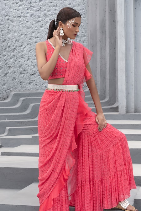 Chhavvi Aggarwal_Pink Georgette, Linen Beads, Sequins, Geometric Print Sharara Saree With Blouse _Online_at_Aza_Fashions