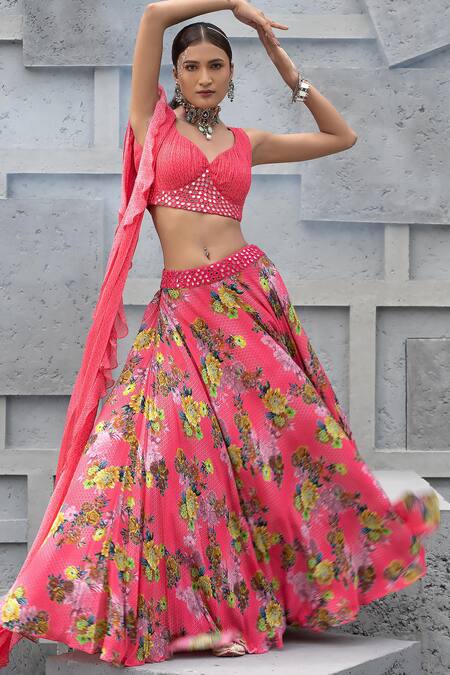 Chhavvi Aggarwal Pink Crepe, Georgette, Linen Mirrors, Geometric Floral Print Lehenga Set Online at Aza Fashions Chhavvi Aggarwal_Pink Crepe, Georgette, Linen Mirrors, Geometric Floral Print Lehenga Set _Online_at_Aza_Fashions